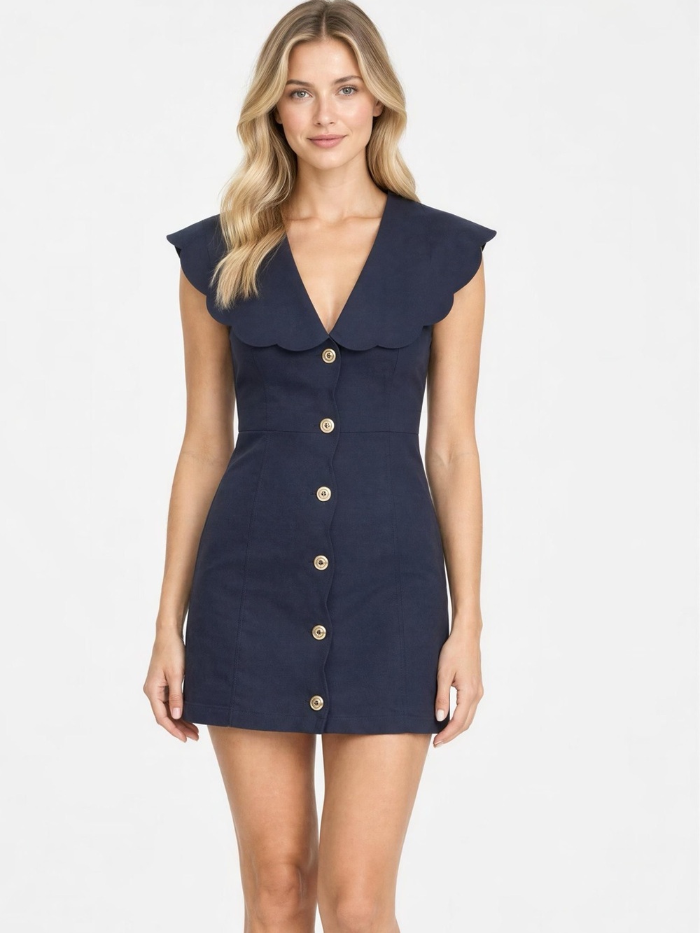 VICI Navy Scalloped Collar Button-Front Mini Dress